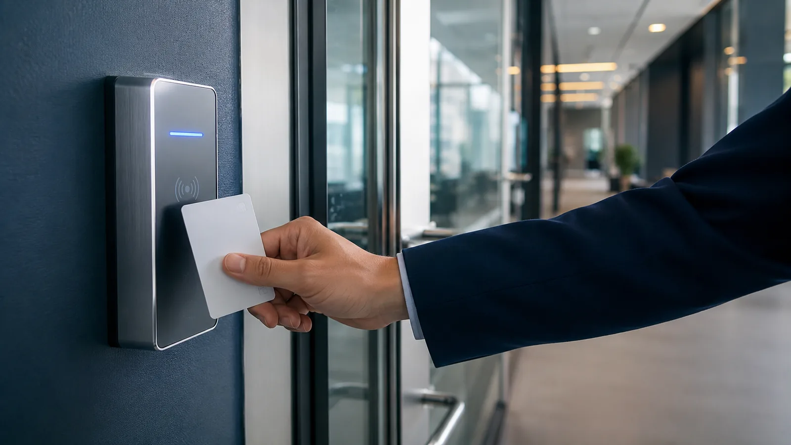 Technician installing an access control card reader and wiring at a commercial door.