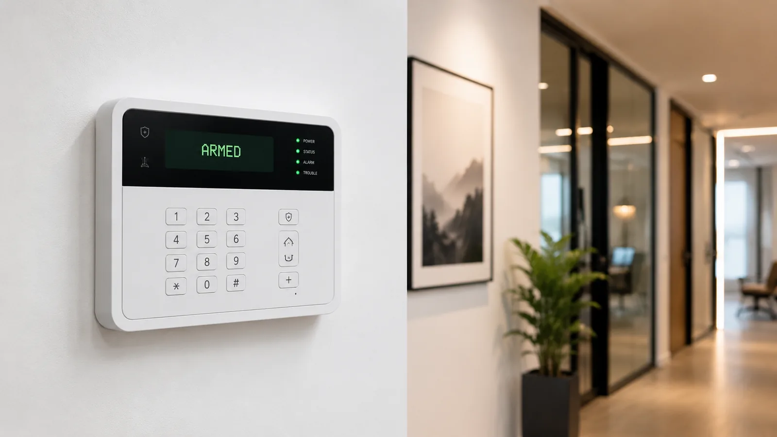 Technician installing alarm keypad and panel wiring.