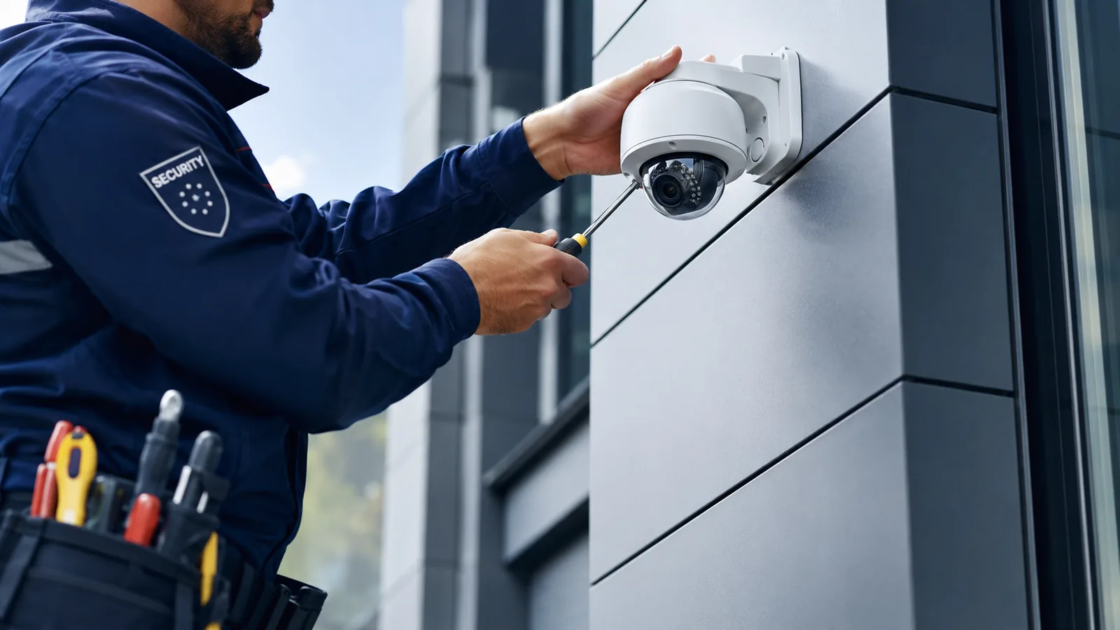 Technician installing a dome CCTV camera on a commercial building exterior.