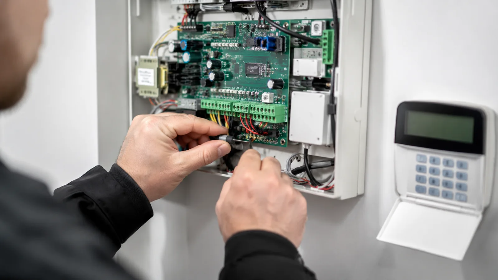 Technician servicing a CCTV camera on a commercial building exterior.