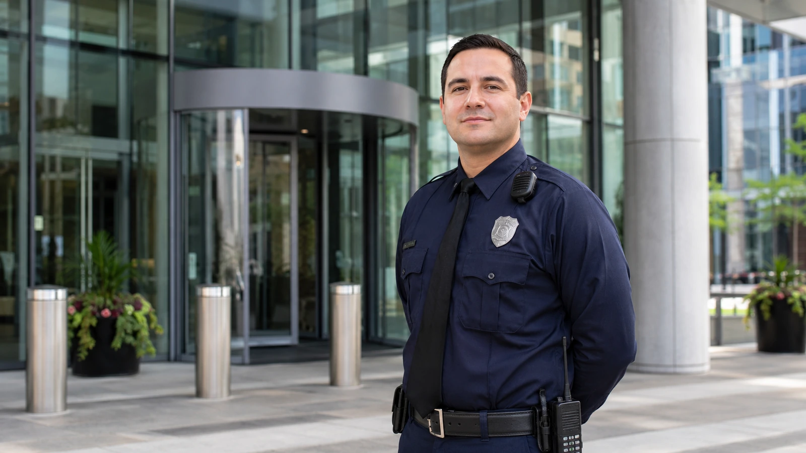 Professional security guard standing at a modern commercial building entrance.